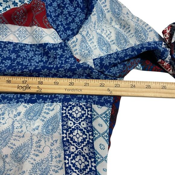 Zac & Rachel Womens Top Size Large Red White Blue Sheer Chiffon Floral Geometric - Picture 9 of 9